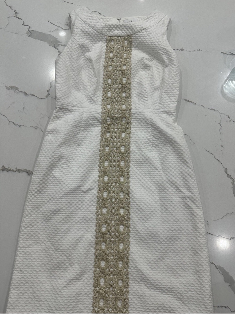Charter Club White Midi Dress with Gold Center Lace Panel